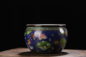 【蔵友館蔵品・銅製・景泰藍・琺瑯彩・游魚紋缸】・希少珍品・置物・賞物・中国時代美術