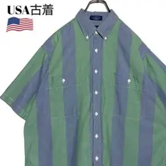 USA古着 ストライプ ボタンダウンシャツ 緑✕グレー L 半袖サマーシャツ