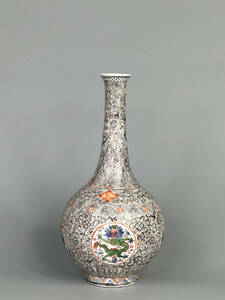 中国美術　清朝　清時代　大清乾隆年製　款　墨彩粉彩龍紋花瓶　華道具　唐物　古物　