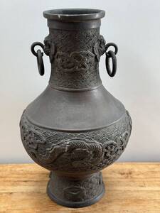  大明宣徳年製　古代饕餮龍　地紋環付耳　銅製　花器 花瓶 花器 古玩　唐物 茶道具　香道具　「1223」