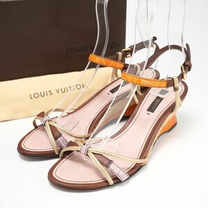 GQ0432▽イタリア製*ルイヴィトン Louis Vuitton*size37/23.5cm相当*レザー*ストラップ クロコ型押し ジュート ウェッジソール サンダル*靴