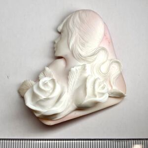 1円〜!!［コンクシェルカメオ98.93ct］d 約51.62×44.18mm conch shell cameo ブローチ 貴婦人 彫刻 アンティーク 作家物 DC0/EA0 w4ヤ8