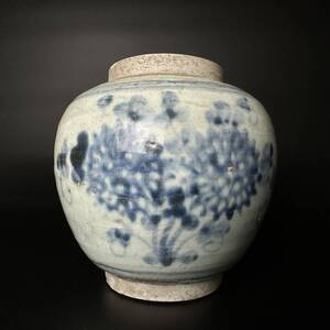 コレクター買取品　中国美術　李朝　白磁壷　染付　草花文　花瓶　時代物　骨董品　古美術　高さ：約14.5㎝