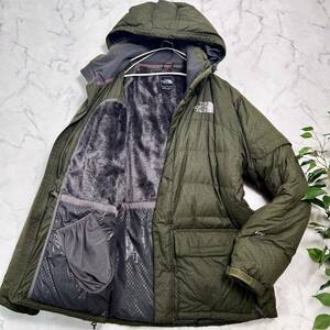 THE NORTH FACE 肉厚ダウンジャケット コート 裏地ボア カーキ 総柄 フード 2way メンズXL〜3L 相当大きいサイズ 600 ザノースフェイス