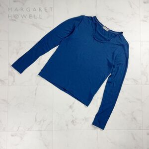 MARGARET HOWELL マーガレット・ハウエル ウール フリルネックTシャツ 長袖カットソー トップス レディース ブルー系 サイズM*QC1319