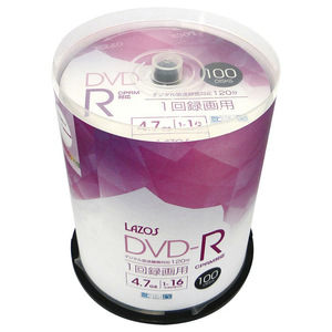 同梱可能 DVD-R 録画用 ビデオ用 100枚組 4.7GB スピンドルケース入 CPRM対応16倍速 ホワイトワイド印刷対応 Lazos L-CP100P/2631ｘ１個