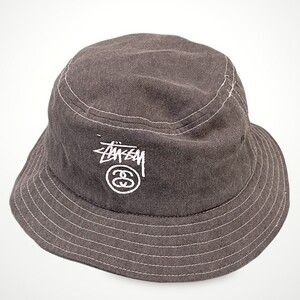 STUSSY ステューシー バケット ハット ロゴ刺繍 キャンバス ピグメントブラック グレー S/M 56cm位 [ta-1167]