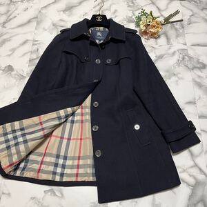 美品 大きいサイズ 希少46●バーバリーロンドン BURBERRY LONDON ステンカラーコート メガチェック ホースマーク 3XL ウール ネイビー 