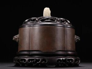 【瓏】古銅鏨刻彫 雙獅耳香薰炉 明代 暢庵款 銅器 古賞物 中国古玩 蔵出