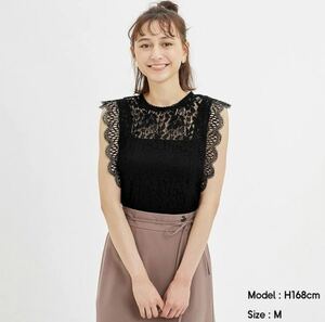 ★GU ノースリーブ レーストップス 黒 総レース タンクトップ シアー Tシャツ　春夏