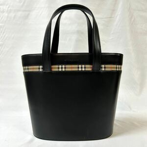 【極美品/近年型】BURBERRY バーバリー ハンドバッグ バケツ型 ノバチェック シャドーホース レディース ビジネス レザー 本革 ブラック 黒