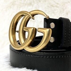 美品　GUCCI　グッチ　ベルト　　マーモント レザー　ブラック　ゴールド　デカロゴ　バックル　GG フリーサイズ　メンズ　カット調整可