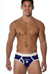 “Andrew Christian Lifeguard Brief Navy サイズUS-S”。