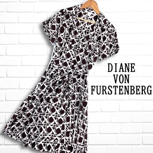 ◆良品 送料無料◆ DIANE VON FURSTENBERG ダイアンフォンファステンバーグ 総柄 半袖 ロング ワンピース 白 茶 レディース 0　1364G