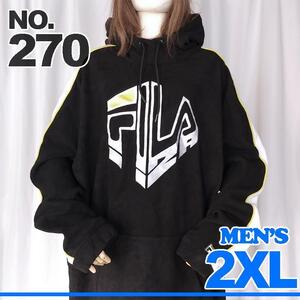 XXLサイズ/FILA フィラ フリース パーカー 刺繍 黒(ブラック)系 USED 古着 大きいサイズ ビッグサイズ フーディー プルオーバー