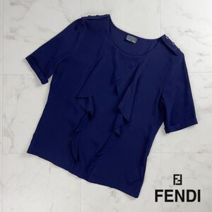 美品 FENDI フェンディ シルク100% フリルデザインブラウス ショルダーボタン トップス レディース 紺 ネイビー サイズ38*RC726