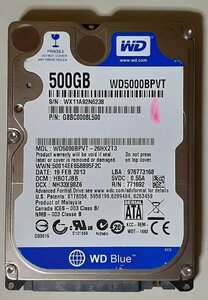 3981 2.5インチ内蔵SATAハードディスク 9.5mm 500GB WD5000BPVT-26HXZT3 5400rpm 正常 318時間 NEC LaVie 2012年10月モデル Windows8入り