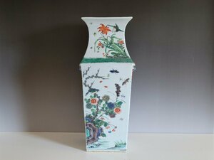 色絵 花鳥紋 四角瓶 時代唐物 高さ約39.4cm / 明清時代 花瓶 飾瓶 花插 花器 唐物 人間国宝 李朝 高麗 古玩 古董