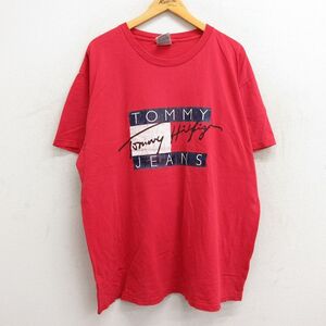 XL/古着 トミーヒルフィガー トミージーンズ 半袖 ビンテージ ブランド Tシャツ メンズ 90s ビッグロゴ 大きいサイズ コットン クルー