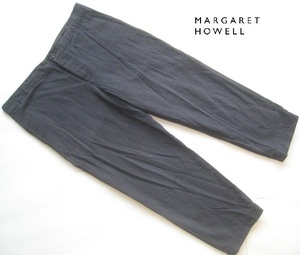 美品日本製!!マーガレットハウエル MARGARET HOWELL*麻33% ドローコード入り リネンコットンパンツ 紺 2 実寸M