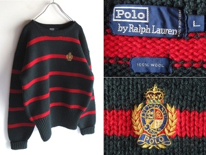 希少 90sビンテージ Polo by Ralph Lauren ラルフローレン エムブレムロゴ刺繍 ウール ボーダー ヘビー ローゲージ ニット セーター L 緑赤