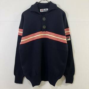 90s VINTAGE FILA ニットセーター ニットポロシャツ ワンポイント 長袖ニット ワッペン ワンポイント 上質 フィラ 【送料一律/同梱可能】B