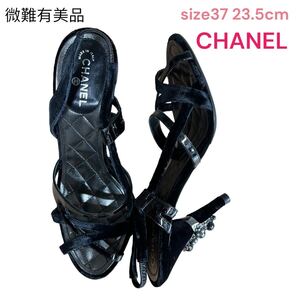 微難有　美品　CHANEL シャネル　ヒールパールビジューが素敵な黒サンダル　　37、23.5㎝　黒　サンダル　