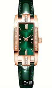 ★ラインストーンの装飾クォーツ時計エレガントな長方形ポインターアナログ腕時計 PU レザーストラップ　緑