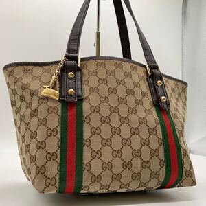 美品 1円 グッチ GUCCI トートバッグ キャンバス GG柄 シェリーライン チャーム レザー 革 レディース ブラウン 茶色 ホースビット 鞄