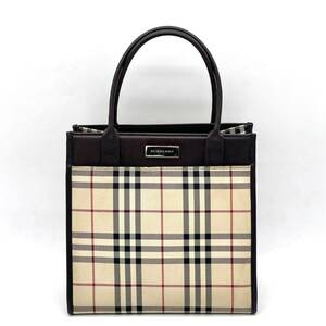 1円 美品 BURBERRY バーバリー ノバチェック ミニトートバッグ ハンドバッグ キャンバス レザー ベージュ ブラウン