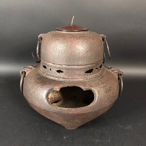 ER0906-1-3 茶道具 茶釜 鉄釜 鉄製 煎茶道具 風炉釜 銅蓋 古美術品 アンティーク ビンテージ 茶がま 骨董品 H38cm 口径8.5cm 120サイズ