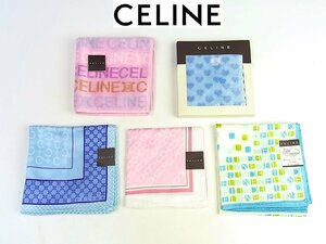 ◆未使用◆CELINE/セリーヌ◆ハンカチ×3枚＋タオルハンカチ×2枚◆計5枚セット◆日本製◆ピンク/水色/緑系◆マカダム◆ロゴ◆綿/絹◆