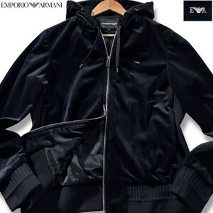 極美品/Lサイズ●エンポリオ アルマーニ ベロア パーカー フード ジャケット EMPORIO ARMANI ダブルジップ ベルベット イーグルロゴ金具 50