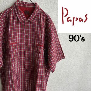 90s 日本製 PAPAS リネン　コットン　半袖　チェックシャツ　パパス　Mサイズ　綿麻　90