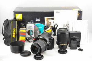 美品★S数841回★Nikon ニコン D3200 200mmダブルズームキット ブラック 18-55mm/55-200mm付属 デジタル一眼レフカメラ★元箱付き R2008