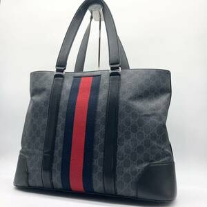 現行　A4 GUCCI GGスプリーム　ソフト　キャンバス シェリーライン　トートバッグ ビジネスバッグ　ブラック　レザー グッチ