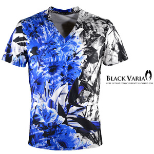 bv08-bl BLACK VARIA ボタニカル 葉 花柄 プレミアム Vネック半袖Tシャツ メンズ(ブルー青ブラック黒) L 日本製 吸水速乾＆2wayストレッチ