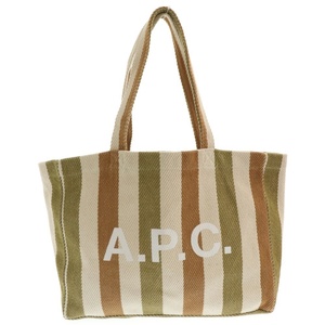 A.P.C アーペーセー ロゴプリントストライプトートバッグ ハンド ブラウン カーキ マルチ