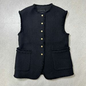 N5841015 Drawer ドゥロワー WOOLHERNBON GILET ツイードベスト 金ボタン ブラック 黒 ウール ヘリンボーン 6522-299-0823 サイズ36 