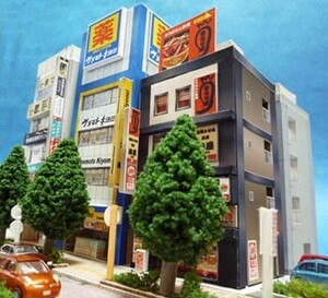 (印刷版）自作ストラクチャー「ドラッグストア、ハンバーガー店、飲食店ビル」3個セット