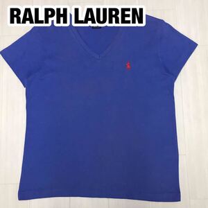 RALPH LAUREN ラルフローレン 半袖Tシャツ レディース S ブルー Vネック レッドポニー 刺繍ポニー