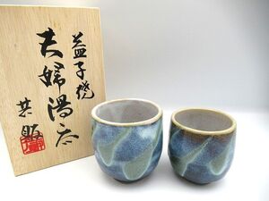 ▲▲未使用品 陶芸品 益子焼 夫婦湯呑 共販 ブルー系 青/緑/茶 ましこやき MASHIKO 桐箱付き 湯呑茶碗 ペア 伝統工芸▲▲