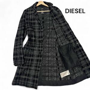 美麗品◎ディーゼル【圧巻の美シルエット】DIESEL ニット チェック チェスターコート ロングコート ウール グレー ツイード 秋冬◎メンズ