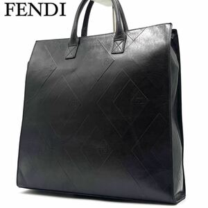 【美品】 フェンディ FENDI ズッカ柄 トートバッグ ハンドバッグ ビジネスバッグ レザー ブラック 黒 メンズ 