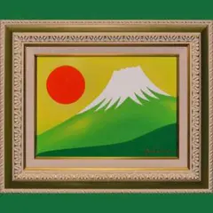 ●【太陽と新緑の緑富士】●がんどうあつし絵画油絵F4号グリーン額付開運富士山