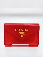 PRADA 3つ折り財布 レザー レッド 無地 レディース