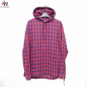 16SS SOPHNET. ソフネット BLOCK CHECK PULL OVER HOODED SHIRT コットン 長袖 チェック フード プルオーバー シャツ RED M