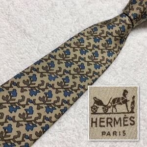 HERMES エルメス　ネクタイ　植物　ボタニカル　総柄　シルク100% フランス製　ベージュ系×ブルー　ビジネス