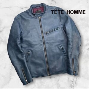 美品 TETE HOMME テットオム シングルライダースジャケット サイズ5/M相当 ブルー 色染め変色有 中綿入り 美シルエット 羊革 人気 A2908