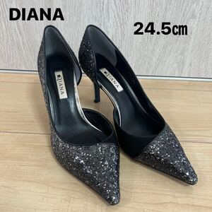 美品　DIANA ダイアナ　24.5㎝　ラメ グリッター　ハイヒール パンプス　ブラック　ラメ　靴　パーティー　結婚式　キラキラ　ヒール